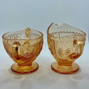 Westmoreland Princess Feather Golden Sunset Open Sugar and Creamer Footed Set